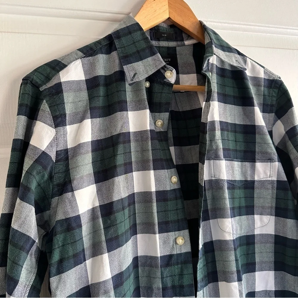 J. Crew Slim Broken-in cotton oxford‎ shirt green plaid small